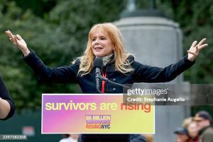 NEW YORK, NEW YORK - SEPTEMBER 25: Rosanna Arquette speaks during the Epstein Survivors and Survivors of Sexual Violence Rally